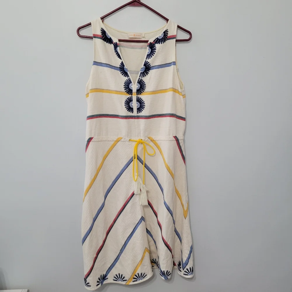 Tory Burch Blaine Tunic Dress Drawstring Waist Sz 4 Linen Blend Nautical Striped - Picture 2 of 14
